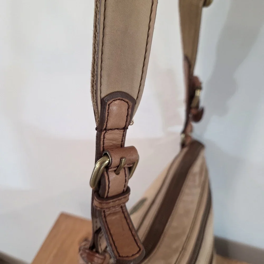 Fossil Tan Leather Crossbody Shoulder Bag Canvas Strap Key Charm Mul